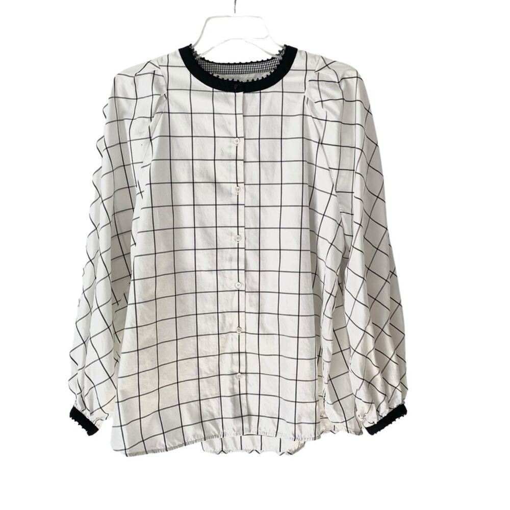 Weekend Max Mara Window Pain Check White Black Blouse Beaded Collar size large